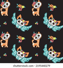 Cute skeletons the cat   bat  Kids print   Day the dead  Halloween   Seamless pattern  Vector 