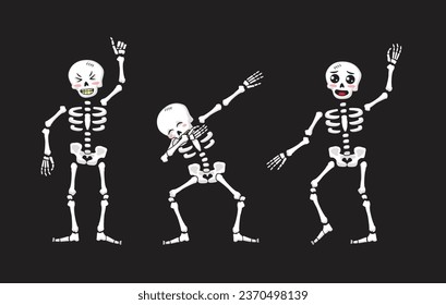 Cute skeletons set in different poses. Cartoon Halloween character. Vector Illustration for Halloween.