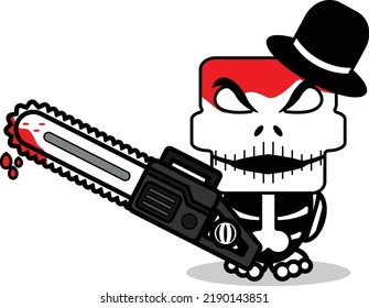 cute skellington bone mascot character cartoon vector illustration holding bloody saw machine