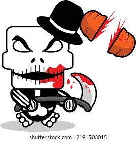 cute skellington bone mascot character cartoon vector illustration holding bloody sickle