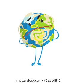 Cute skeptical cartoon Earth planet character with hands on its waist, funny globe emoji vector Illustration