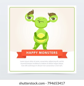 Cute skeptical funny green monster standing with folded hands, happy monsters banner cartoon vector element for website or mobile app