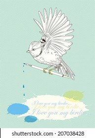 Cute sketch birds at the clouds. To host your text, vector illustration.