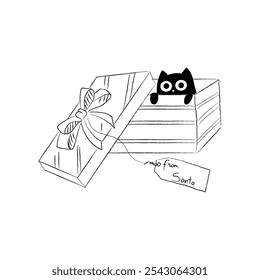 A cute sketch of a black cat in a Christmas present box. Black and white xmas illustration.