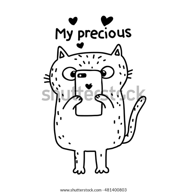 Cute Sketch Cartoon Cat Smart Phone Stock Vector Royalty Free 481400803