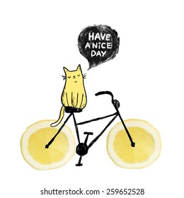 Cute sketch cat on the lemon bicycle