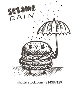 cute sketch doodle hamburger with umbrella under sesame rain. funny vector illustration