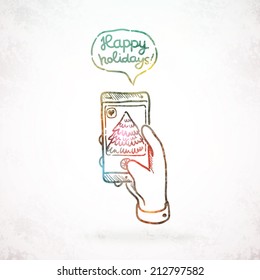 Cute sketch doodle Happy New Year background with smart phone and Christmas tree