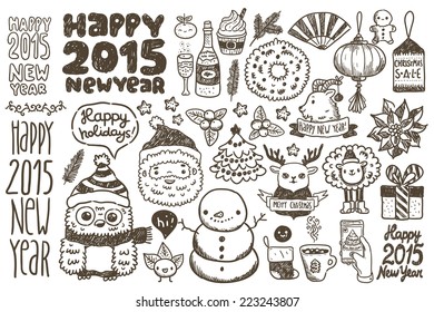 Cute sketch doodle Happy New Year set with santa claus, deer, goat, sheep, Chinese lantern, cacao, tree, gift, owl, snowman, socks, fan, mandarin, flower, berry, Sale tag