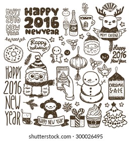 Cute sketch doodle Happy New Year set with santa claus, deer, monkey, Chinese lantern, cacao, tree, gift, owl, snowman, socks, mandarin, flower, berry, Sale tag, cupcake, ginger man, ribbon...