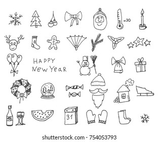 Cute sketch doodle Happy New Year set with santa claus, deer, goat, sheep, Chinese lantern, cacao, tree, gift, owl, snowman, socks. Vector eps 10.