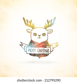 Cute sketch doodle Merry Christmas background with deer