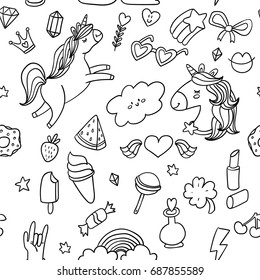 Cute sketch doodle style white outlined vector seamless pattern background. Coloring page design