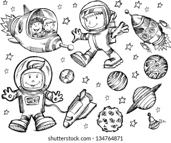 Cute Sketch Drawing Doodle Outer Space Vector Set
