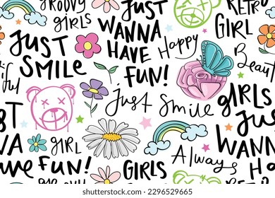 Cute sketch drawings girl fun. Seamless pattern repeating texture background. Vector illustration design.