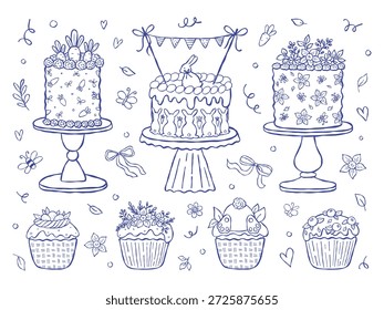 Bonito esboço Páscoa bolos ilustração coleção. Elementos de padaria festiva de primavera desenhados à mão