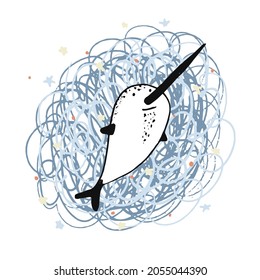 Cute sketch hand drawn color narwhal illustration