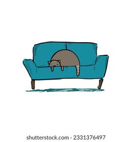 Cute sketch hand drawn illustration of gray fat cat on sofa. Bright cartoon childish funny domestic animal for kids print design, textile decoration, greeting cards, print, stickers, logo