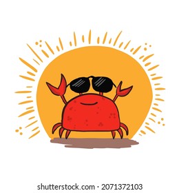Reine Skizze, handgezeichnet, rote Krabbe mit Sonnenbrille