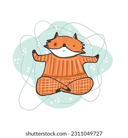 Cute sketch hand drawn vector orange fox illustration. Bright cartoon childish funny body positive yoga animal for kids print design, textile decoration, greeting cards, print, stickers, logo