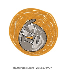 Cute sketch hand drawn vector gray cat on round orange rug illustration. Bright cartoon childish funny domestic animal for kids print design, textile decoration, greeting cards, print, stickers, logo