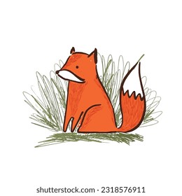 Cute sketch hand drawn vector orange fox sitting in green grass illustration. Bright cartoon childish funny animal for kids print design, textile decoration, greeting cards, print, stickers, logo