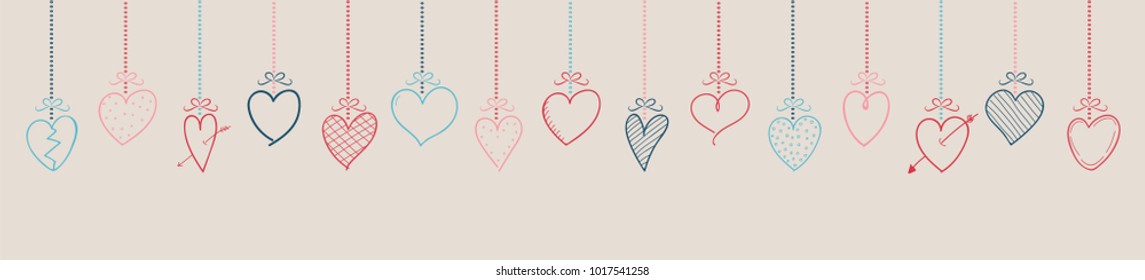 Cute sketch of hanging hearts - panoramic header. Valentine's Day, Mother's Day or Women's Day. Vector.