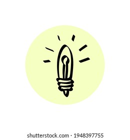 Cute sketch icon, highlight, button design. Working light bulb with shine rays on yellow background. Metaphor of creativity, burst of inspiration, brainstorm. Doodle vector illustration