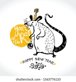 Cute sketch illustration with hand drawn funny Rat with christmas ball. Greeting vector card for Happy New Year congratulations. Year of the Rat 2020. 