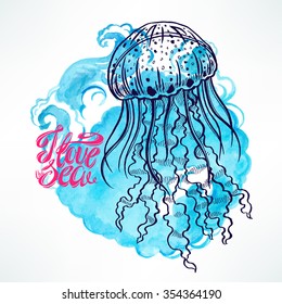 cute sketch jellyfish on a blue watercolor background. hand-drawn illustration