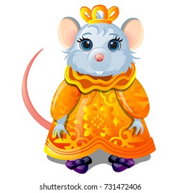 Cute sketch for poster with gray little mouse in royal mantle with golden ornaments and crown isolated on white background. Princess mouse Kingdom. Vector cartoon close-up illustration.