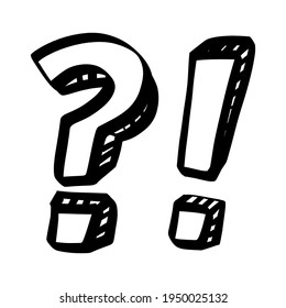 Cute sketch punctuation 3d symbol set. Doodle design question-mark and mark of exclamation. Vector isolated illustration.