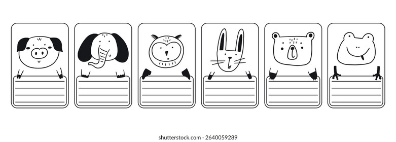 Cute sketch school name tag sticker with animals. Animal character label card frame doodle collection. Hand drawn vector illustration