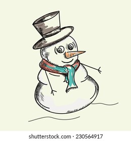 Cute sketch of a snowman in hat on beige background for Christmas and other occasion celebrations.