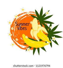 Cute sketch style banana illustration with banana icon and tropical flowers and palm tree leafs. Summer poster, banner, logo, icon, printing on textile or website. Modern hand drawn picture.