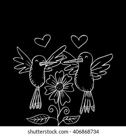 cute sketching flowers and two love birds
