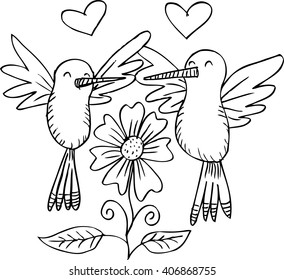 cute sketching flowers and two love birds
