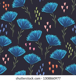 Cute sketchy floral seamless pattern with childish blue flowers, pink hearts and green leaves on dark background. Colorful botanical texture for textile, wrapping paper, surface, wallpaper
