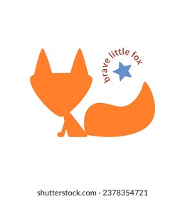 Cute sketchy orange little fox with big ears, blue star, text in circle on white background in flat style. Children's vector illustration of website logo, tag for  baby clothing, educational toys.