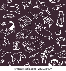 Cute sketchy seamless pattern with cats and dogs