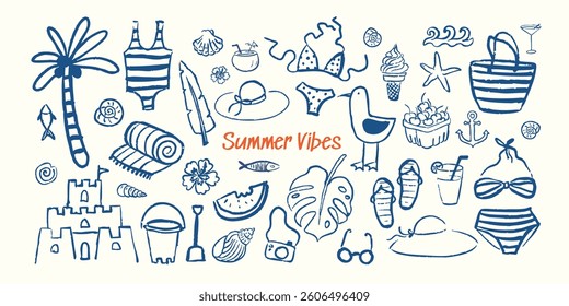 Cute sketchy summer line art collection. Beach and vacation hand drawn doodle icons. Vector illustration
