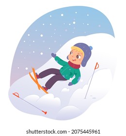 Cute skier boy skiing and falling vector illustration. Cartoon child lying in snowdrift on snowy mountain slope due to broken ski, accident fall in winter extreme sport activity isolated on white