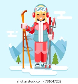 Cute skier girl ski winter sport resort holidays skiing mountain flat design vector illustration