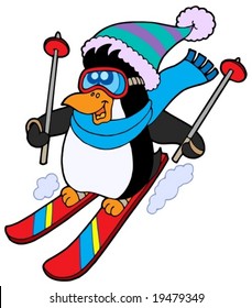 Pingüino esquiador lindo - ilustración vectorial.