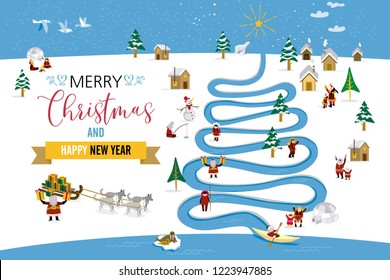 Cute skimos characters celebrating Christmas and New Year 2016 holidays in a North Pole little snowy village  with a river in tree form.