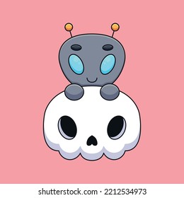 cute skull alien halloween cartoon mascot doodle art hand drawn concept 
