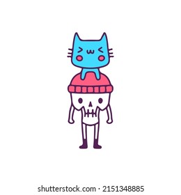 Cute skull in beanie hat with cat, illustration for t-shirt, sticker, or apparel merchandise. With doodle, retro, and cartoon style.