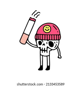 Cute skull in beanie hat holding cigarette, illustration for t-shirt, sticker, or apparel merchandise. With doodle, retro, and cartoon style. svg