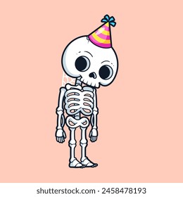 Cute Skull Birthday Party Cartoon Vector Icon Illustration. People Holiday Icon Concept Isolated Premium Vector. Flat Cartoon Style