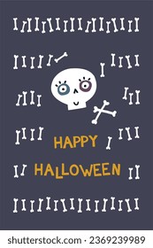 Cute skull and bones and the inscription "Happy Halloween" on a black background. Halloween Greeting Card. Kid's design.